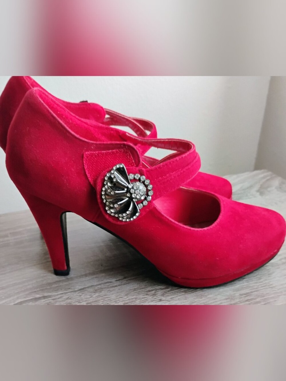 Red Suede Mary Jane Heels with Decorative Crystal Brooch